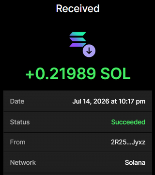 A screenshot of a successful Solana wallet transaction showing "+0.21989 SOL" received from address "2R25...Jyxz" on July 14, 2026, confirming the post's claim that 0.219 SOL was sent to purchase 2.2 million $BULLKITTY tokens.