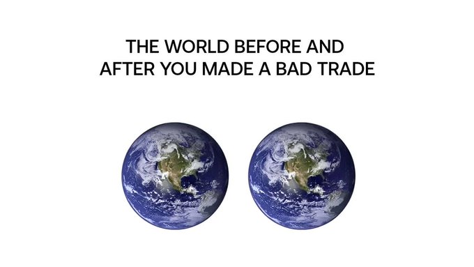 The image shows two identical images of Earth with the text "SKIP" in the upper left corner, captioned as "Literally nothing changes, don't worry about mistakes." It humorously illustrates that despite the fear of making a bad trade or decision, the world remains unchanged on a macro scale—errors don't impact the bigger picture, so traders shouldn't stress over individual mistakes.
