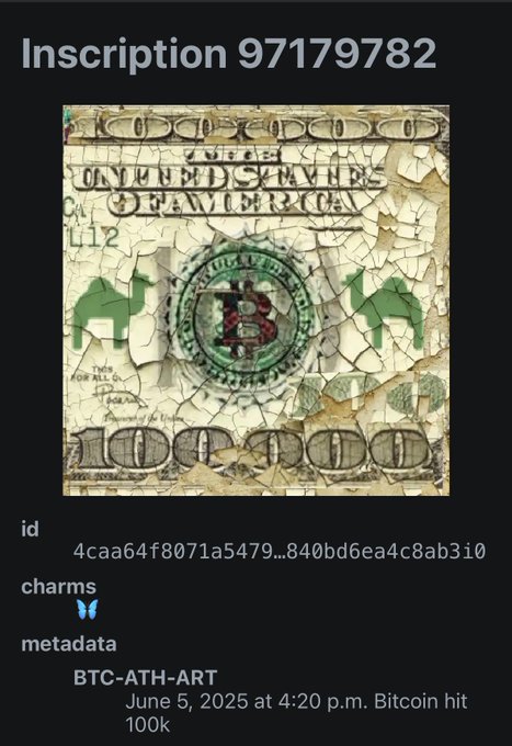 A cracked and damaged $100,000 bill image labeled 'Inscription 97179782' with ID '4caa64f8071a5479...840bd6ea4c8ab310', marked as 'BTC-ATH-ART' with metadata noting 'June 5, 2025 at 4:20 p.m. Bitcoin hit 100k'.