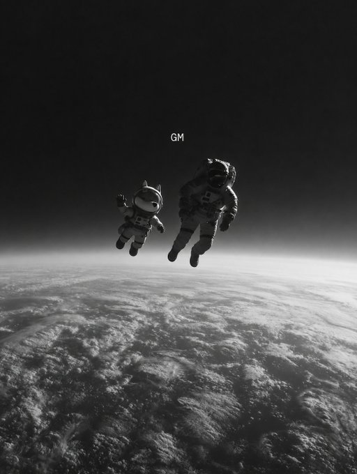 A black and white image of two astronauts floating above Earth with 'GM' text displayed in the center of the frame.