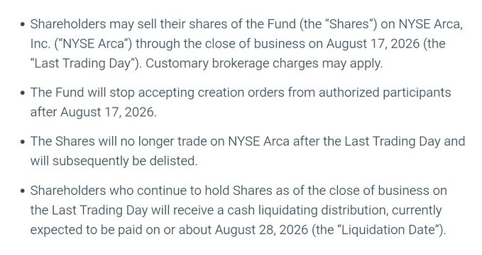 The image displays bullet-pointed details about the Hashdex Bitcoin ETF liquidation, noting that shareholders may sell shares on NYSE Arca through August 17, 2026, the Fund will stop accepting creation orders after that date, shares will be delisted, and a cash distribution is expected around August 28, 2026.