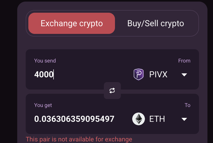 A crypto exchange interface shows a trade of 4000 PIVX to 0.0363 ETH, with red text indicating 'This pair is not available for exchange'.