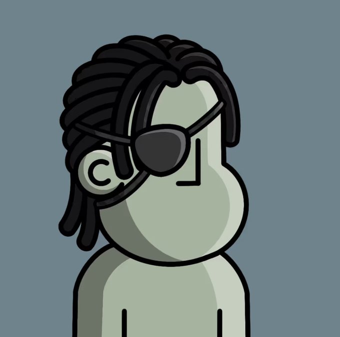 A minimalist cartoon-style illustration of a character with black dreadlocks, wearing an eyepatch, rendered in muted green and gray tones.