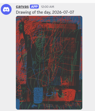 A canvas app notification displaying 'Drawing of the day, 2026-07-07', featuring an abstract, scribbled artwork in red, green, and blue tones that appears to depict a figure with a cityscape.