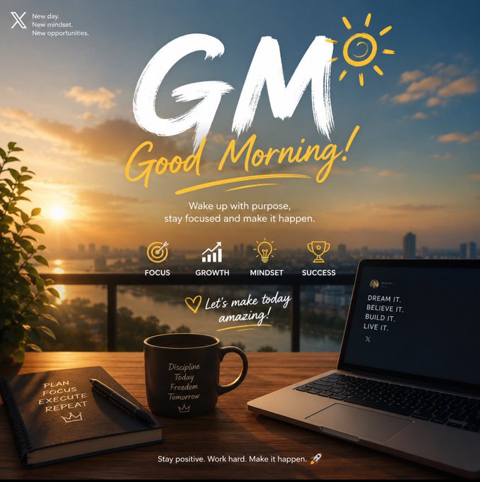 A motivational 'Good Morning!' graphic with sunrise, a coffee mug, notebook, and laptop displaying 'DREAM IT. BELIEVE IT. BUILD IT. LIVE IT.' with icons for focus, growth, mindset, and success.