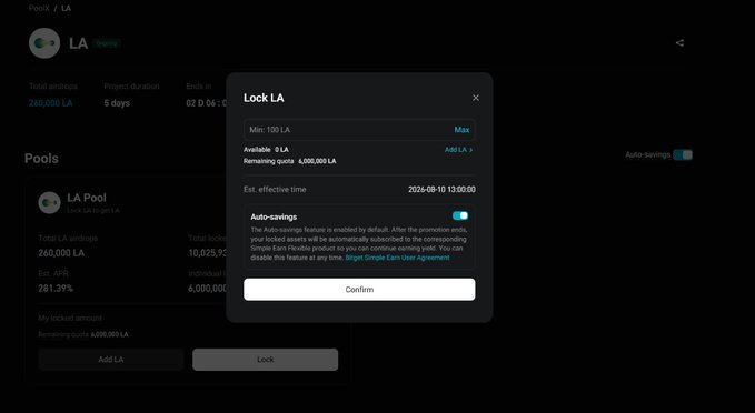 A dark-themed crypto DeFi interface shows a 'Lock LA' staking modal over a LA Pool page, with an estimated APR of 281.39% and an auto-savings option enabled.