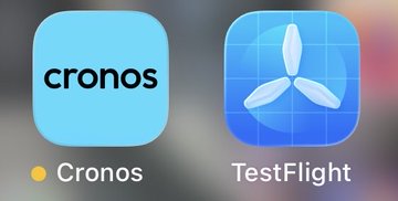 A close-up screenshot of two mobile app icons labeled 'Cronos' (light blue square) and 'TestFlight' (blue icon with propeller design).