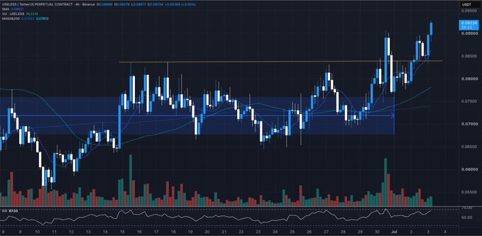 A candlestick price chart of the USD/USDT perpetual contract for USDS on Binance, showing trading activity in late May and early June with an RSI indicator at the bottom and values ranging around 0.0800-0.0900.