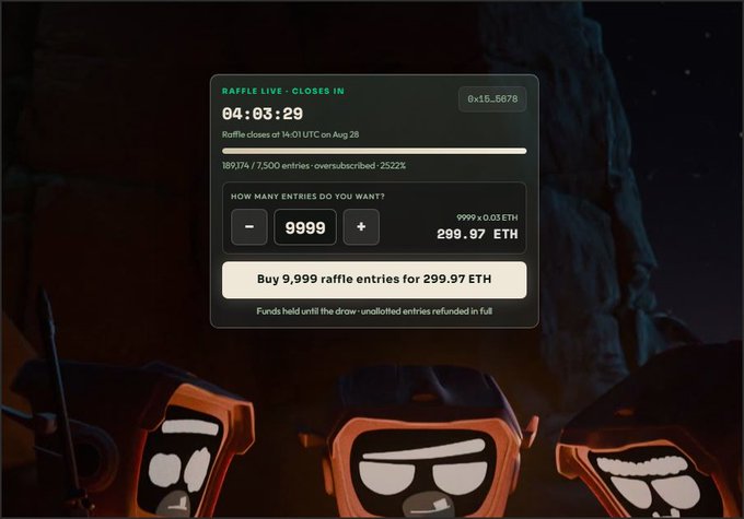 A digital raffle interface titled "RAFFLE LIVE - CLOSES IN" shows a countdown of 04:03:29, with a setting to buy 9,999 raffle entries for 299.97 ETH, set against a dark background with cartoonish figures below.