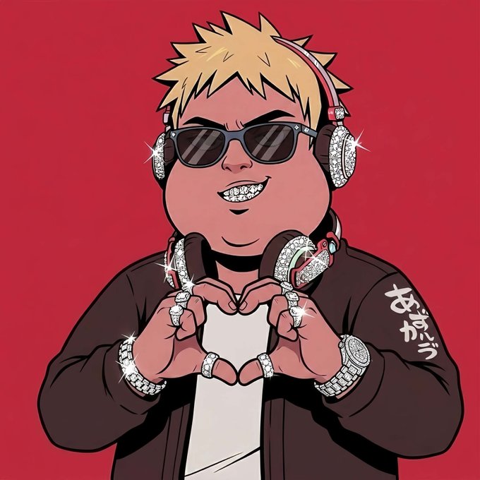 A stylized cartoon illustration of a fashionable character with spiky blonde hair, dark sunglasses, diamond-studded headphones, and multiple rings forming a heart shape with their hands, wearing a black jacket featuring Japanese text (あがとう - meaning "thank you"). The glamorous, successful aesthetic of the character complements the post's optimistic message about making money and having a peaceful, bright day (GM CT - Good Morning Crypto Twitter).

(Note: The text on the jacket reads "あがとう" which means "thank you," though it appears slightly garbled in the image as "あだとう." GM CT likely stands for "Good Morning Crypto Traders/Community.")