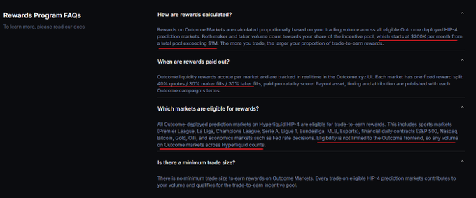 A "Rewards Program FAQs" page detailing how rewards on Outcome Markets are calculated proportionally based on trading volume, with a $1M total pool distributing $200K monthly (40% quotes, 30% maker fills, 30% taker fills) across eligible Hyperliquid HIP-4 prediction markets. The image visually breaks down the key terms of Outcome's newly launched $1M trade-to-earn incentive program mentioned in the post.