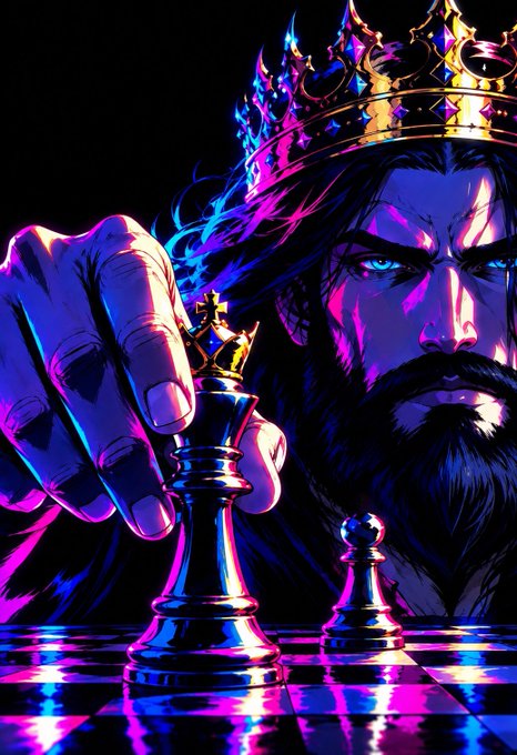 A dramatic digital illustration of a bearded king wearing a golden crown, making a chess move with a metallic chess piece against a neon-lit background.