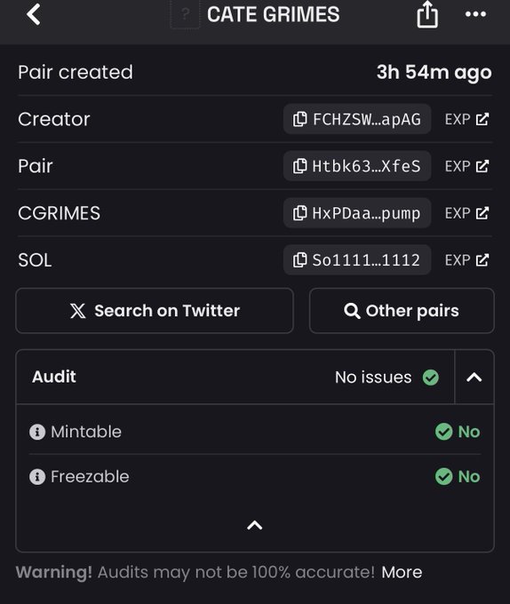 A mobile app screenshot showing a cryptocurrency token page for 'CATE GRIMES' with audit details, indicating the token is not mintable or freezable.