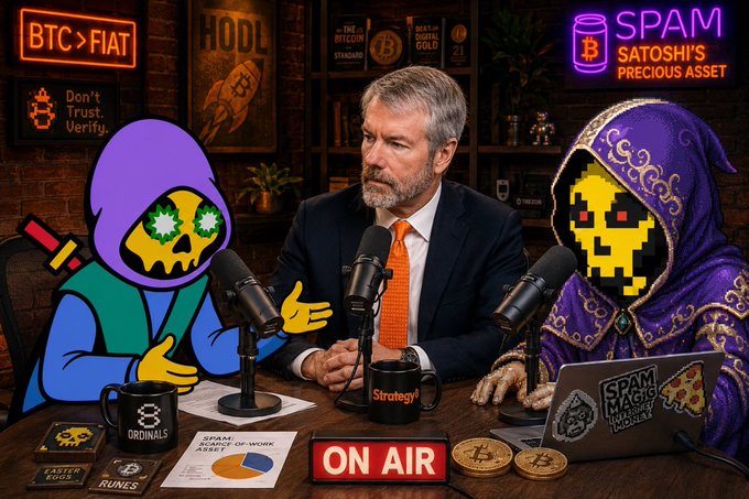 A podcast studio scene with a man in a suit at the center, flanked by two cartoon hooded figures with skull faces, featuring crypto-themed decorations including 'BTC>FIAT', 'HODL', 'SPAM SATOSHI'S PRECIOUS ASSET', and an 'ON AIR' sign.