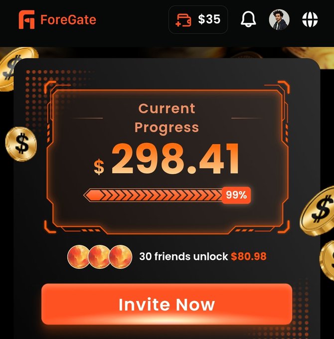 A 'ForeGate' app interface shows 'Current Progress' at '$298.41' with a 99% completion bar, stating '30 friends unlock $80.98' above an 'Invite Now' button.