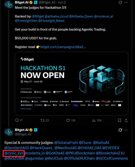 The focus of the image is a post on Twitter that features the hashtag # hackathon. It appears that there are multiple posts about this event, with a particular one from a social media company named Bitet AI. There is also another post located in the bottom right corner that reads, "@cysic_xyz của Hackathon S1 Đặc biệt hơn founder của Cysic - Leo Fan sẽ tham giám không nên bỏ lỡ". This post is in the bottom right corner of the screen, and it seems to be related to the main post on Twitter about the hackathon.