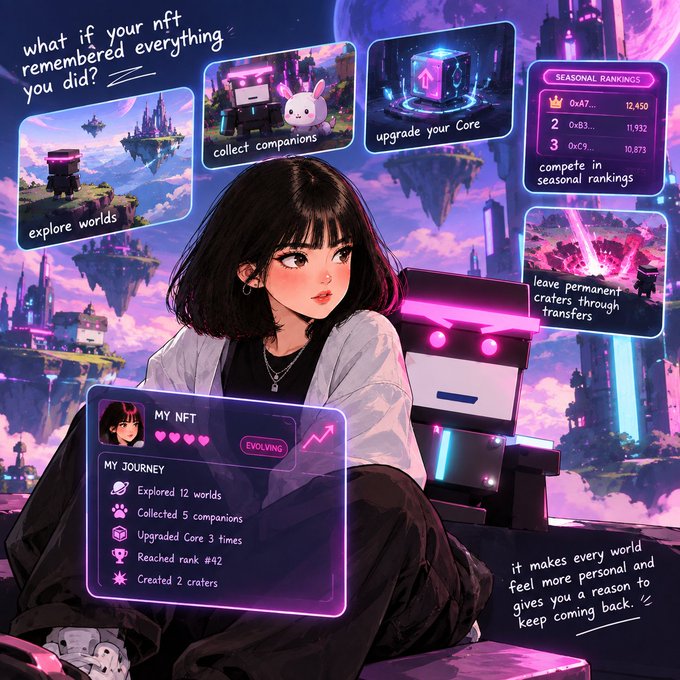 A stylized anime-style girl with short dark hair sits against a vibrant purple sci-fi skyline, surrounded by floating holographic UI panels displaying NFT features like "explore worlds," "collect companions," "upgrade your Core," and seasonal rankings showing ranks 1-3 with scores up to 12,450. A "MY NFT" dashboard tracks her journey—12 worlds explored, 5 companions collected, 3 core upgrades, rank #42, and 2 craters created—while text asks "what if your nft remembered everything you did?" The image visually illustrates the post's concept of dynamic, interactive NFTs that retain player history and evolve through gameplay.