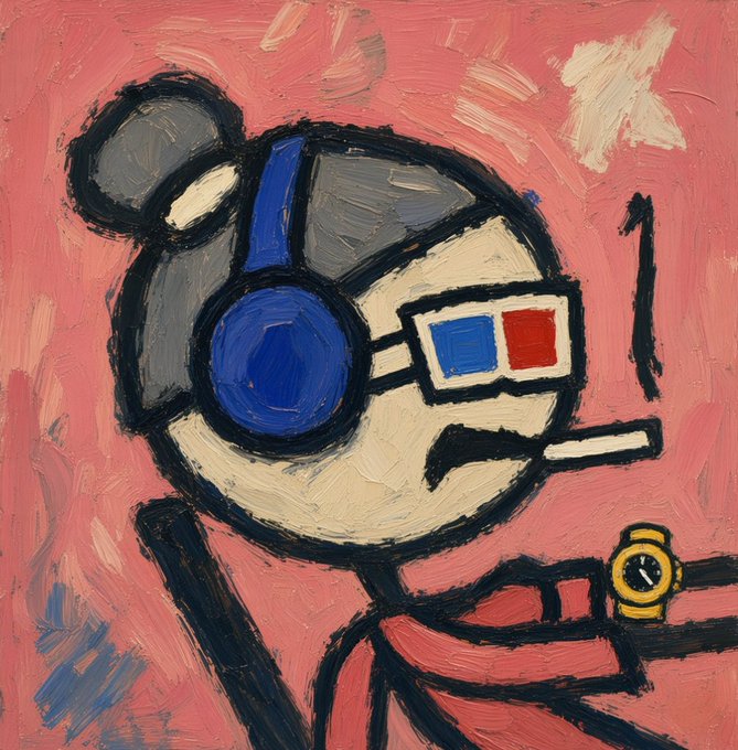 A painting in an expressionist style depicts a figure with a blue headphone, 3D glasses, a cigarette in its mouth, and a wristwatch, set against a pink background with an arrow pointing upward.