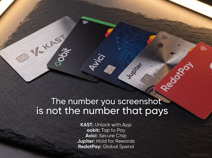 An advertisement showing five different payment cards (KAST, oobit, Avici, Jupiter, RedotPay) with the caption 'The number you screenshot is not the number that pays' and descriptions of each card's features.