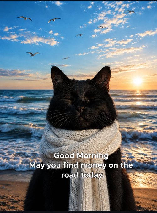 A 'Good Morning' image showing a black cat wearing a beige scarf against a sunset beach background, with the text 'May you find money on the road today.'