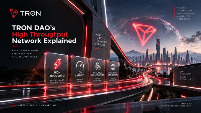 A promotional banner for TRON DAO titled 'High Throughput Network Explained,' featuring a futuristic cityscape with the TRON logo and highlighting features like high throughput, low latency, and scalable infrastructure.