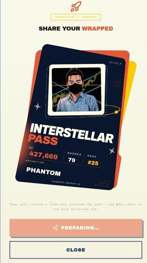The image shows a shareable "Interstellar Pass" NFT card from the DAC Inception Wrapped platform, displaying a user's avatar with stats including 427,669 $QE, 79 badges, Rank #25, and the "Phantom" archetype, tied to the handle inception.dacchain.io. It relates to the accompanying post by serving as the visual recap/summary card that users receive upon completing DAC's Testnet Inception phase, highlighting their on-chain activity and achievements.