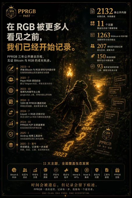 A dark, detailed infographic for 'PPRGB - PAST' featuring a figure holding a torch in a forest, outlining a three-year public chain construction timeline (2023-2025) and various statistics like '2132' and '1263'.