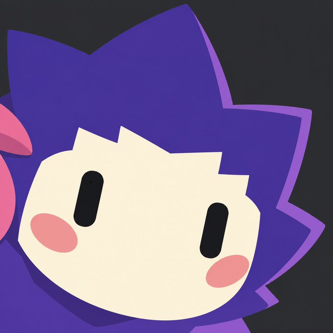 A close-up illustration of a cute cartoon character with spiky purple hair, large black oval eyes, and pink blushing cheeks peeks into the frame against a dark background. The character's sleepy, neutral expression pairs with the friendly "gm to those who gm" post, fitting a wholesome crypto morning greeting vibe.