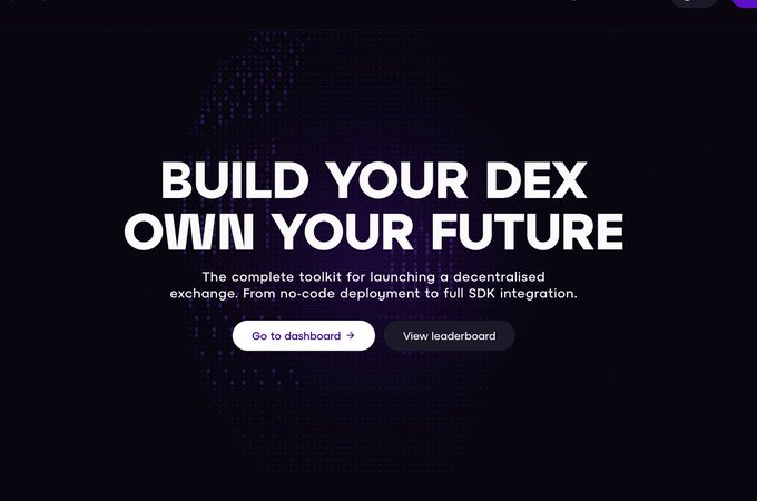 A dark promotional webpage with the heading 'BUILD YOUR DEX OWN YOUR FUTURE' and a description about a decentralized exchange toolkit, with buttons to 'Go to dashboard' and 'View leaderboard'.