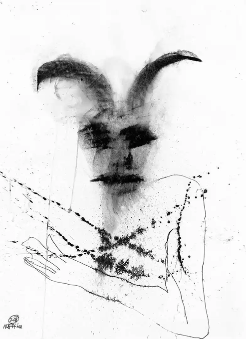 A black and white ink-style illustration of a horned, shadowy figure with a melancholic expression, holding delicate beaded necklaces in its outstretched hands.
