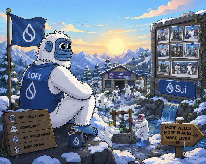 An illustrated artwork depicting a 'LOFI' foundation mascot as a yeti in a snowy mountain landscape, promoting NFT collection, community, real-world impact, and 'Built on Sui' with a 'More Wells, More Places, More Lives' sign.