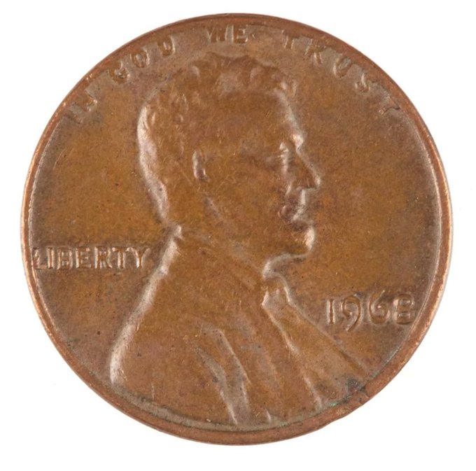 The obverse of a 1968 Lincoln penny showing the profile of Abraham Lincoln with 'IN GOD WE TRUST' and 'LIBERTY' visible, showing signs of wear.