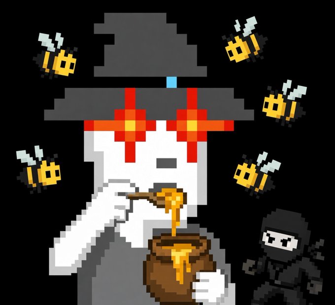 A pixel art image features a character in a black hat with glowing red "X" eyes, consuming honey from a pot while surrounded by buzzing cartoon bees, with a small ninja figure standing beside them—symbolizing the post's celebration of crypto gains and the playful, meme-like tone of the "#newprofilepic" announcement.