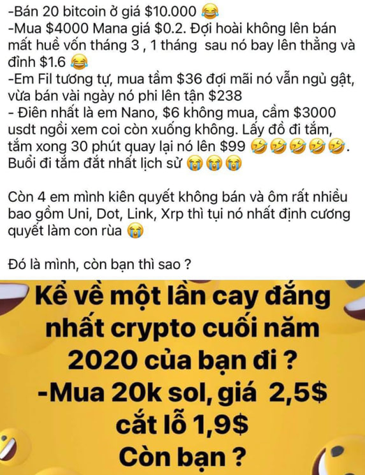 A Vietnamese text post asking about the most bitter crypto experiences at the end of 2020, with stories of losses on Bitcoin, Mana, Fil, Nano, and mentions holding Uni, Dot, Link, and XRP.