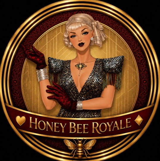 A vintage-style circular emblem titled "HONEY BEE ROYALE" features a stylized blonde woman in an elegant silver sequined dress with red lace gloves, accompanied by a bee illustration at the bottom.