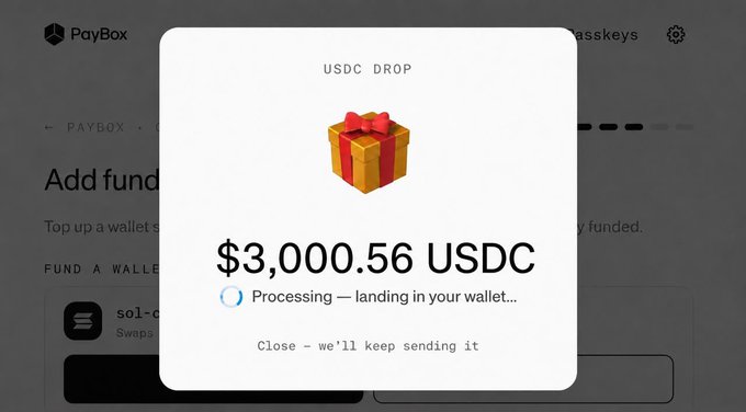 A screenshot of the PayBox app showing a successful USDC DROP notification for $3,000.56 being processed into the user's wallet, with a festive gift box graphic in the center. The caption reflects the poster's excitement about finally claiming the funds, humorously noting their dinner plans are now "secured" thanks to the airdrop.