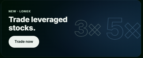 The image features a dark blue promotional banner from LongX with the text "NEW · LONGX - Trade leveraged stocks." alongside a "Trade now" button and large outlined "3x" and "5x" graphics representing leverage multipliers. This visually supports the announcement of LongX's newly launched leveraged trading product, highlighting the available leverage options for trading stocks.