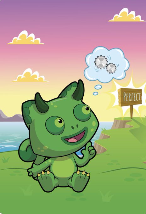 Cute cartoon green dragon/dinosaur character sitting on grass by the ocean, thinking about gears with a 'PERFECT' sign in the background.