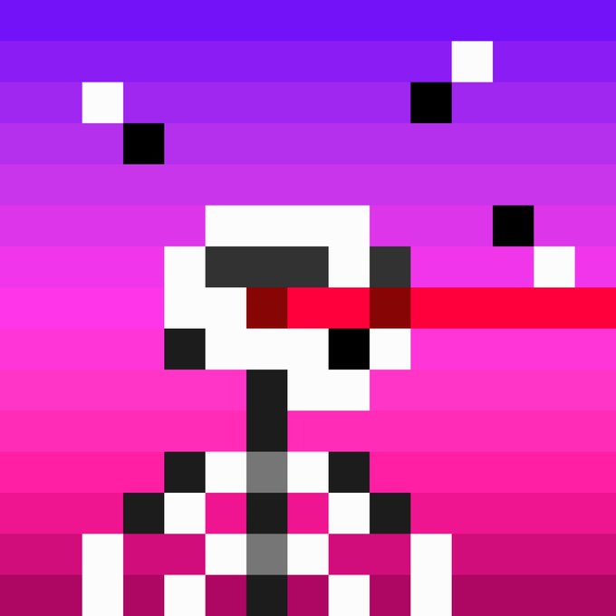 A pixelated image on a purple and pink background depicts a white and black figure emitting a red laser beam from its eye.