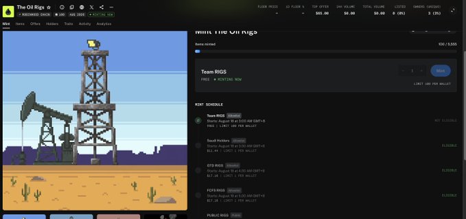 A screenshot of "The Oil Rigs" NFT collection website showing pixel art oil derricks in a desert landscape, with stats including FLOOR PRICE, LISTED, and VOLUME, and a Team RIGs event schedule listing squads like David Hickers, OTD RIGS, FICEI RIGS, and PUBLIC RIGS.