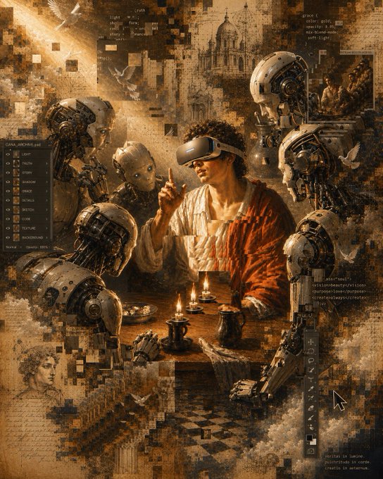 A surreal AI-generated artwork depicting a classical painting-style scene of figures around a candlelit table with a person wearing a VR headset, overlaid with digital interface elements and glitch effects.