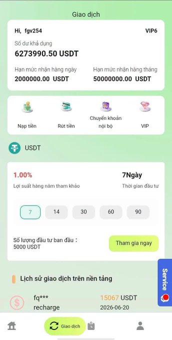 The image shows a smartphone screen displaying an app called "UDP" with a message asking if someone has over 6 million US dollars (6 million VND) in their account, which could be used for Bitcoin mining or other purposes. The user interface appears to be similar to those games from the early days of Bitcoin, and there is a button labeled "Service" that might provide more information about the app's functionality.