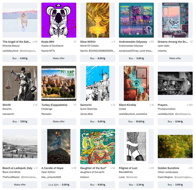 The image shows a Tezos NFT marketplace gallery displaying a curated selection of 15 artworks with their respective prices in Tez (XTZ), ranging from "Dreams Among the Sn..." by miaorka to "The Angel of the Salt..." by LeslieSpurlock (4.00 tz), alongside titles like "Koala #94" (1/1 Kasolas of Goatland), "Shint0" (7.00 tz), and "Turkey (Cappadocia) Challenge." This collection represents the featured artwork selections for the "Tezos Tuesday Art Collection – Jedi Edition," showcasing the diverse pieces curated and appreciated as part of the weekly Jedi-themed art appreciation mission.