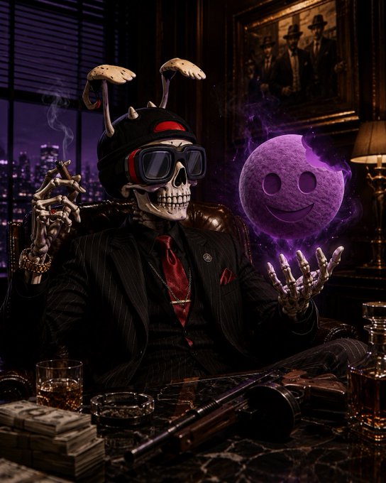 A skeleton wearing a pinstripe suit, red tie, beanie with bunny ears, and VR goggles sits at a desk holding a cigarette, with a glowing purple smiling sphere floating beside its other hand.