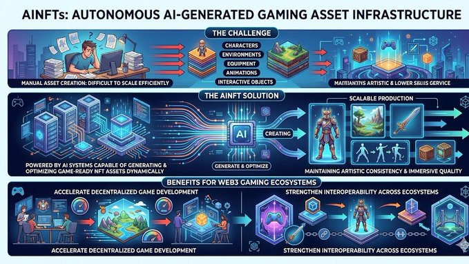 The image presents a detailed visual diagram illustrating an AI-generated gaming asset infrastructure. The first section of the infographic shows different components of a gaming ecosystem such as characters, environments, equipment, animation, and interactive objects. These elements are interconnected by lines that demonstrate how they work together in a gaming environment. Another section focuses on what it means to be automated and artificial intelligence (AI) generated gaming asset infrastructure. It highlights the challenges involved in developing systems capable of handling these complex tasks effectively, as well as the benefits for game ecosystems such as efficiency and scalability. The infographic combines visual elements with text, providing a comprehensive understanding of this exciting field of technology and gaming development.
