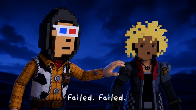Two pixel-style 3D characters stand together at dusk, with the caption 'Failed. Failed.' displayed at the bottom.