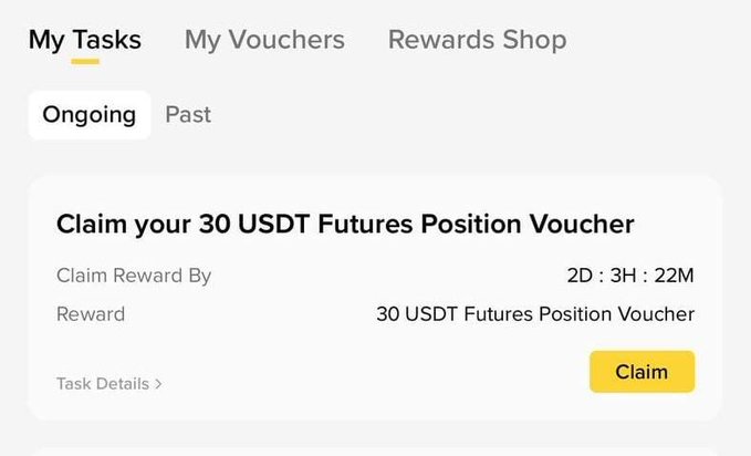 A Binance app "My Tasks" screen showing an ongoing task to claim a 30 USDT Futures Position Voucher, with 2 days, 3 hours, and 22 minutes remaining to claim and a yellow "Claim" button available.