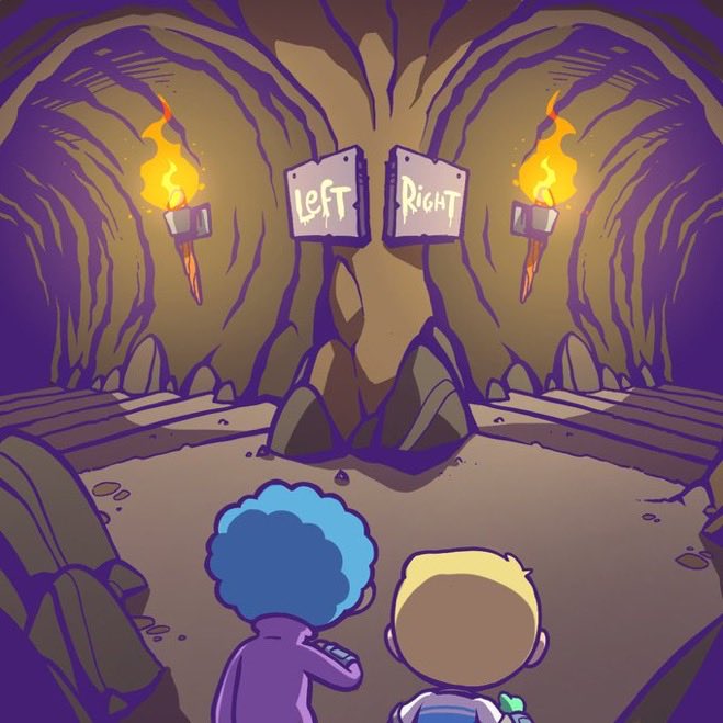 Two cartoon characters stand at the base of a torch-lit cave facing a central pillar with two wooden signs labeled "Left" and "Right," illustrating the post's "pick left or right" choice challenge for a chance to win a guaranteed whitelist spot.