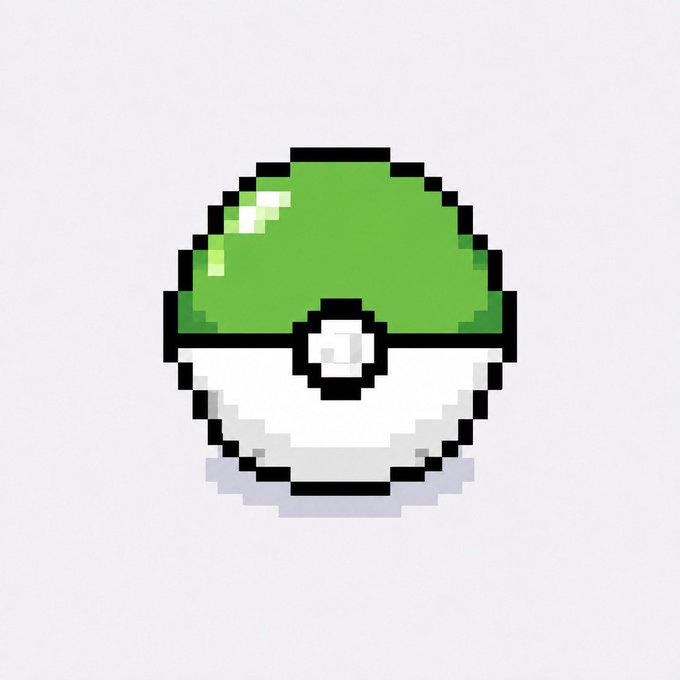 A pixel art image of a green-and-white Pokéball, representing one of the "Robimons"—fully onchain pixel invaders on Robinhood Chain that are available for free allow-list mint at robimons.app.