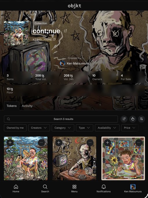 A mobile screenshot from objkt.com showcases artist Ken Matsumura's "cont; nue" NFT collection, displaying 3 items with a 208 ꜩ trading volume, featuring illustrated artwork including figures with a television and a person holding a sunflower that align with the "New Collection" announcement.